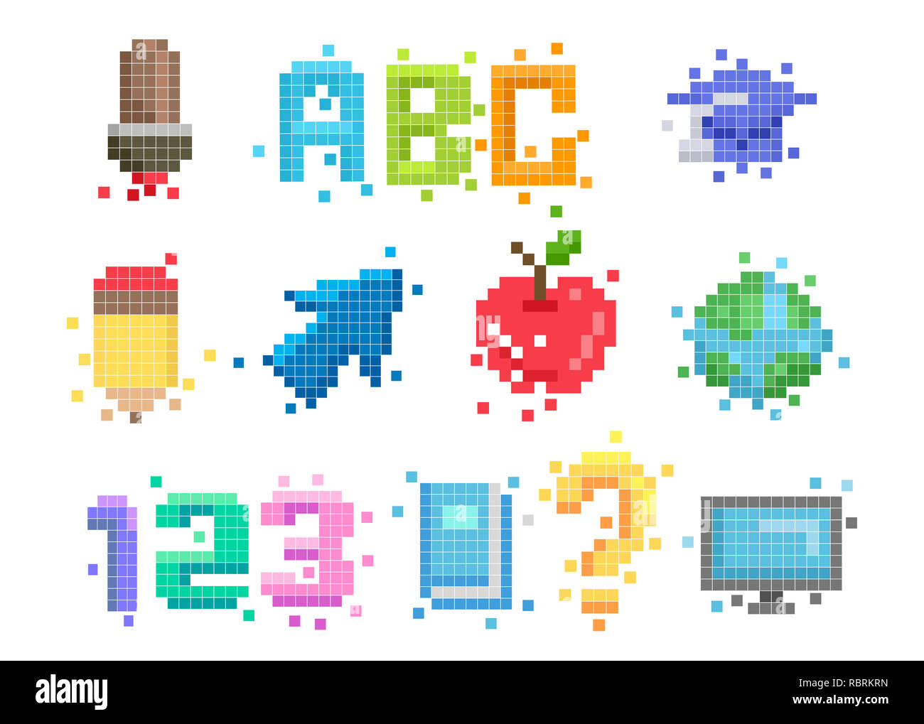 Abbildung: Pixel Kunst Bildung Elemente aus Pinsel, Bleistift auf den Computer Stockfoto