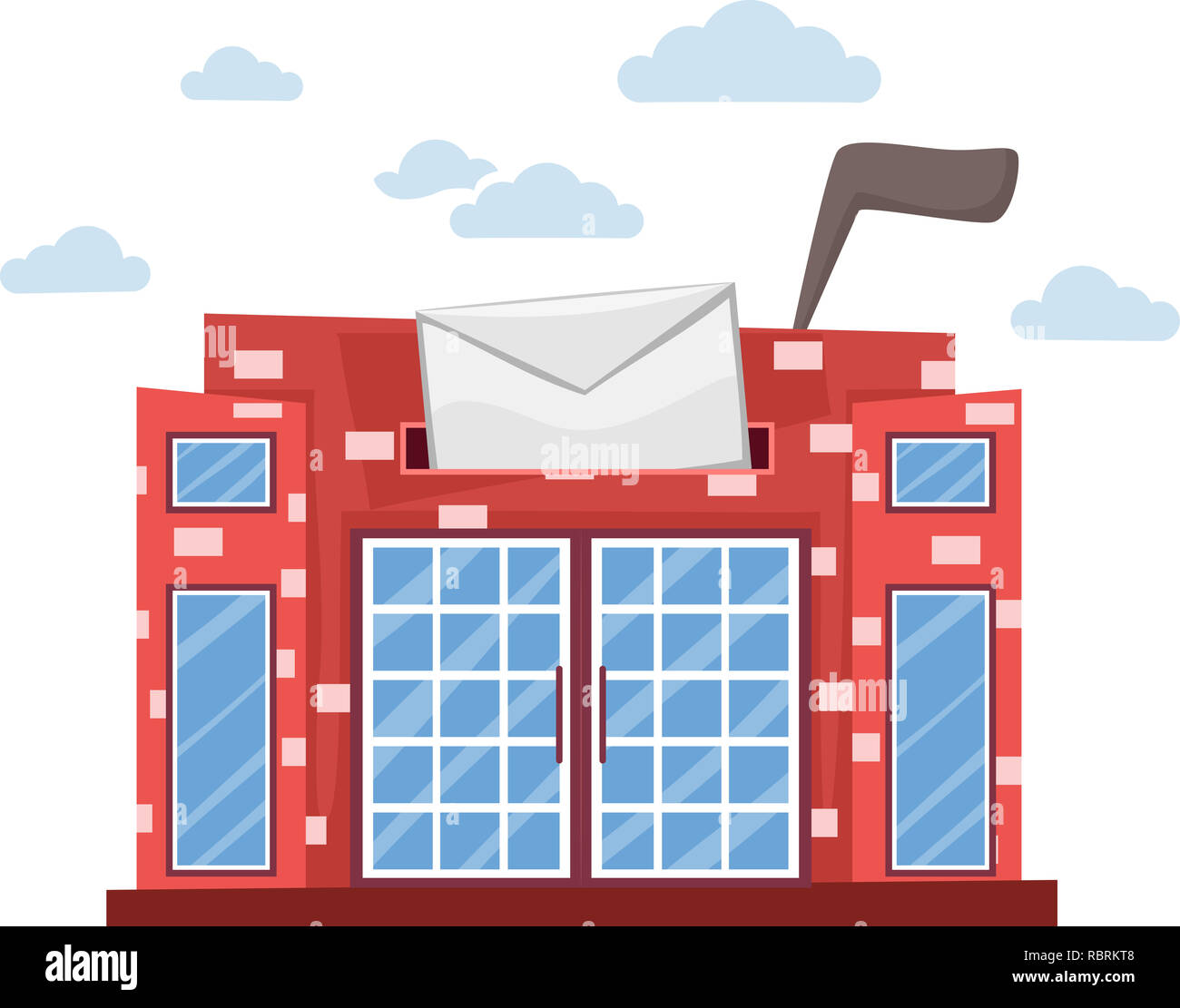 Abbildung: eine abstrakte Postgebäude, das wie eine Mailbox mit Umschlag und Flag Stockfoto