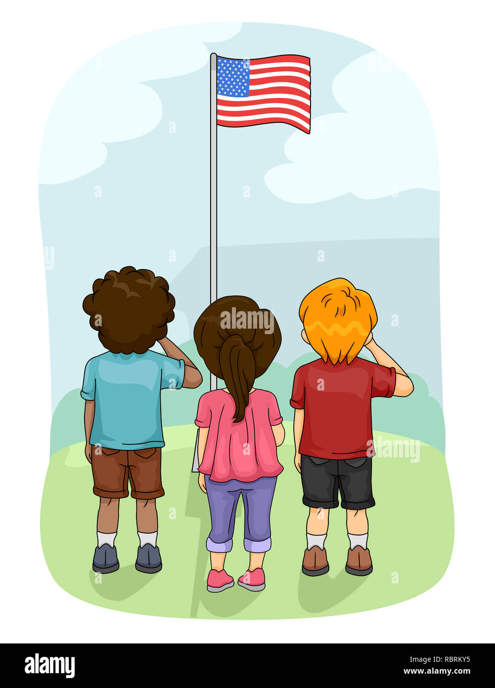 Abbildung: Kinder begrüßte die amerikanische Flagge im Freien Stockfoto