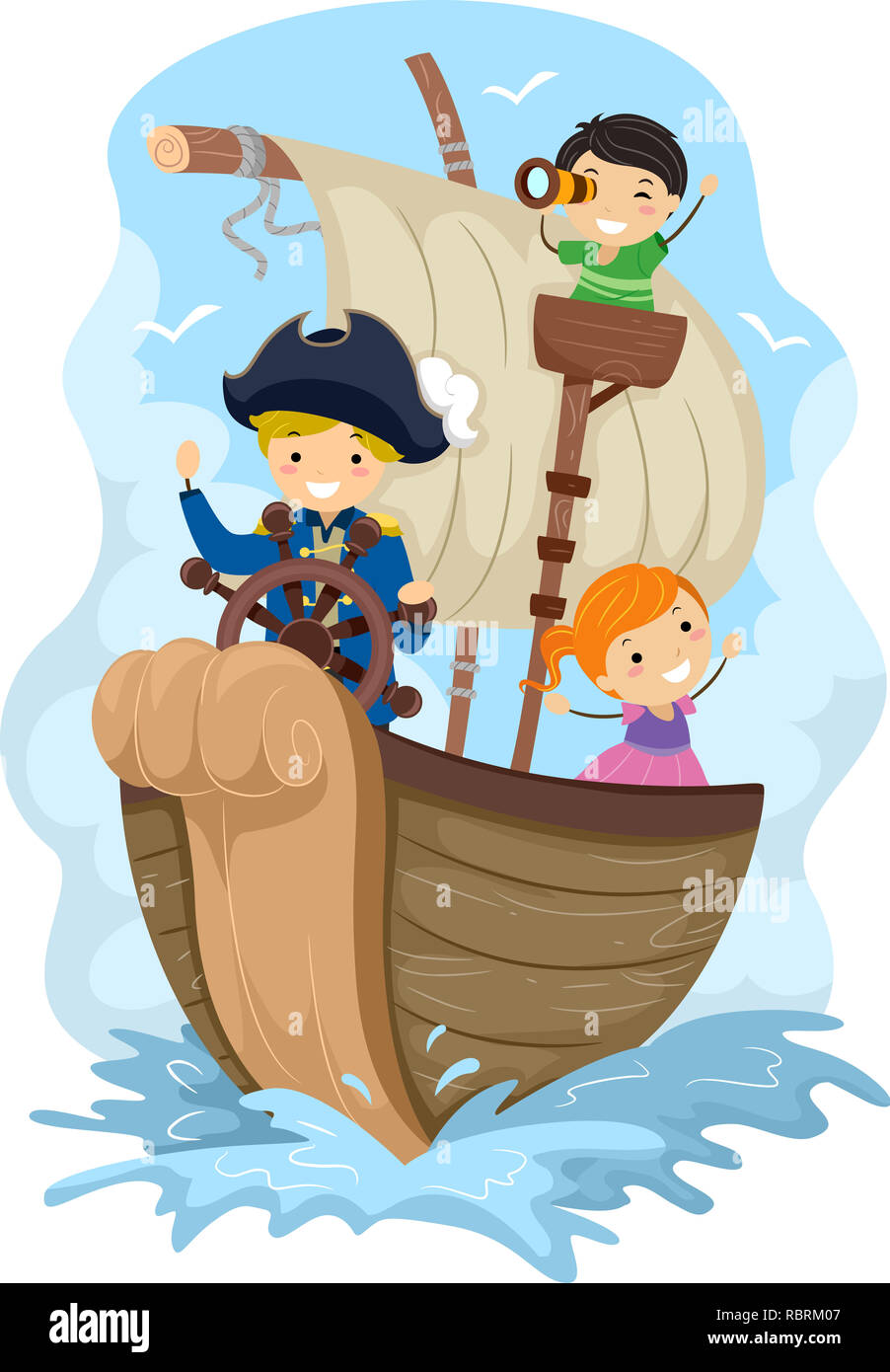 Abbildung: Stickman Kinder Piraten auf einem Schiff, die Erkundung der Meere Stockfoto