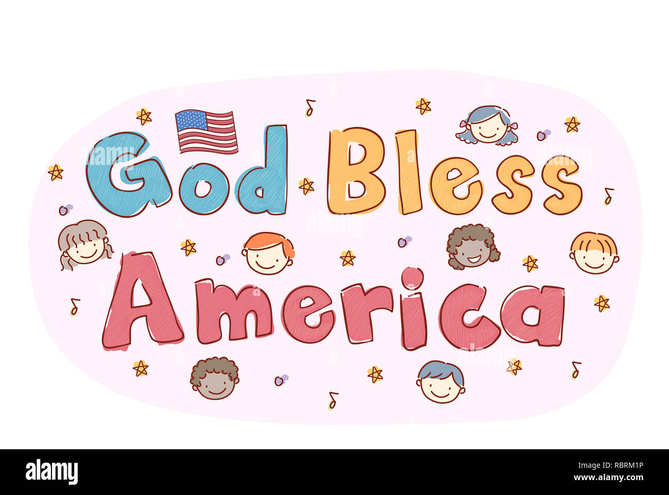 Abbildung: Stickman Kinder Köpfe mit US-Flagge und Gott segne Amerika Schriftzug Stockfoto