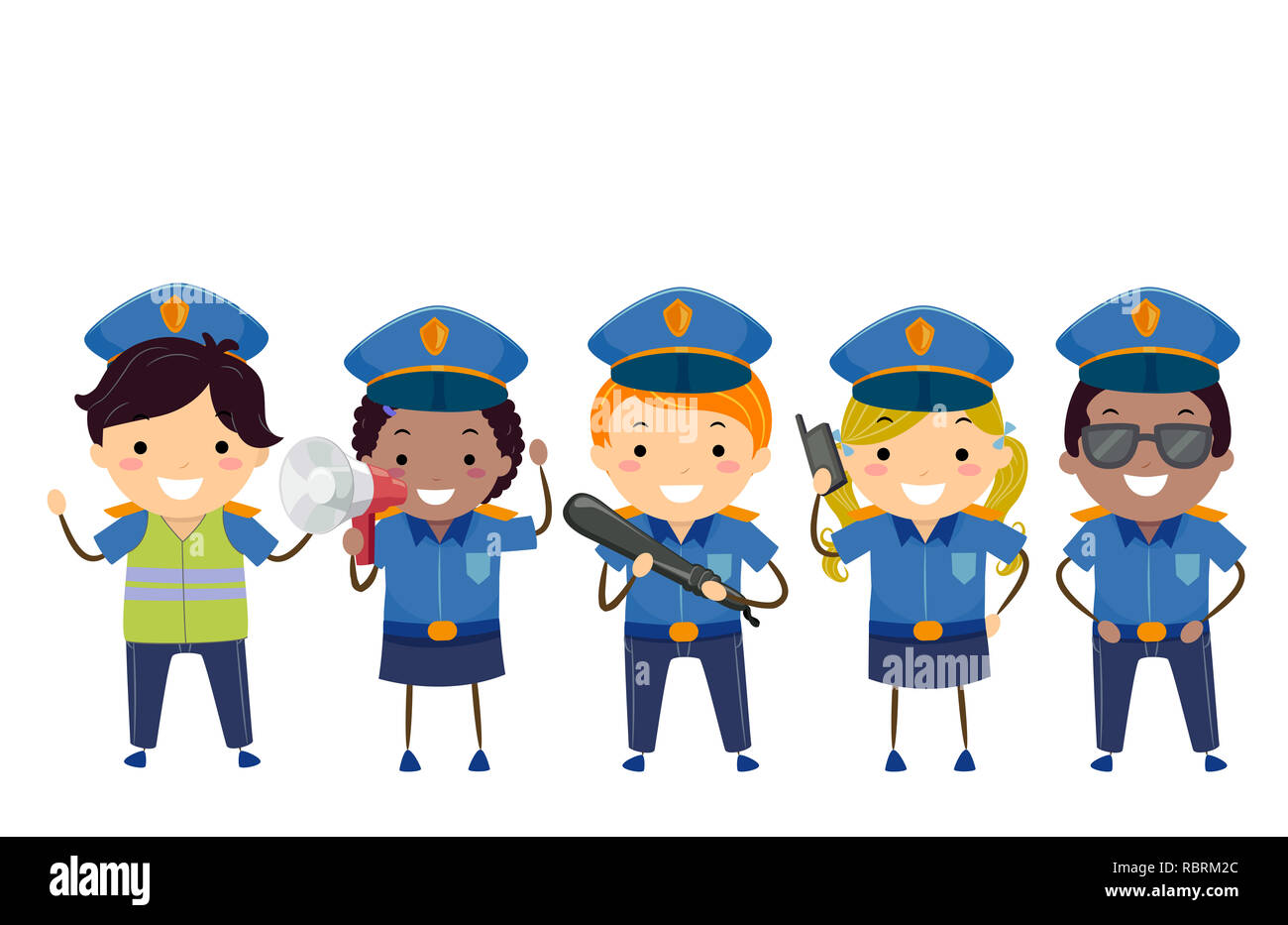 Abbildung: Stickman Kinder tragen Polizei Kostüm mit Megafon, Baton und Radio Stockfoto