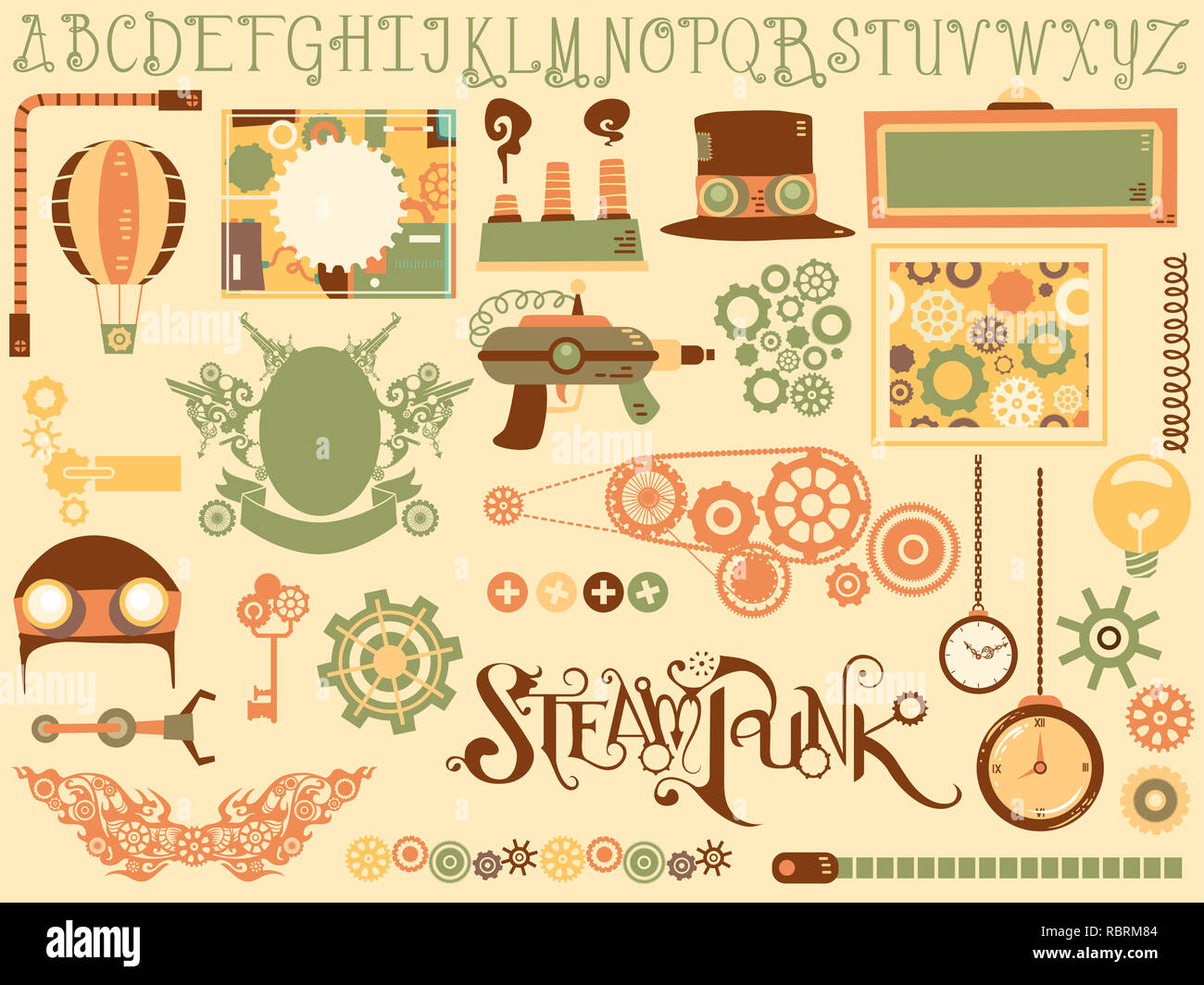 Abbildung: Steampunk Design Elemente aus Hut, Board und Zahnräder Stockfoto