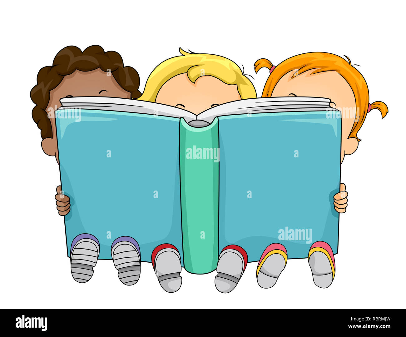 Abbildung: Kids Toddler Lesen eine große blaue Story Book Stockfoto