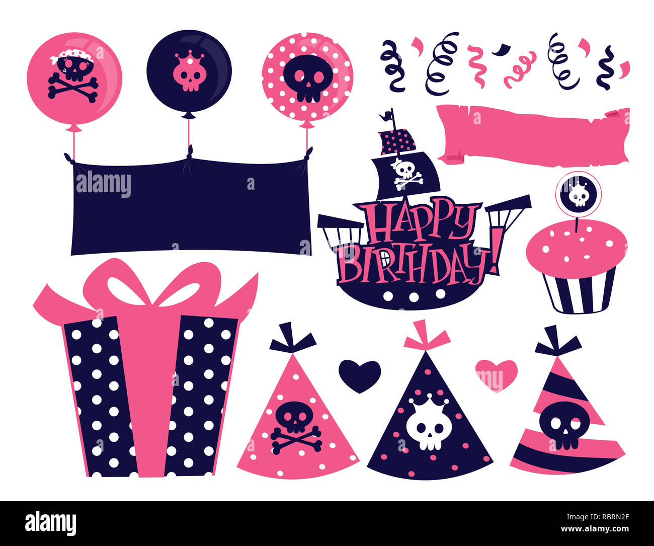 Abbildung: Rosa und Blau weiblichen Piraten Geburtstag Elemente mit  Luftballons, Bänder, Geschenk, Hüte, Schiff und Cupcake Stockfotografie -  Alamy
