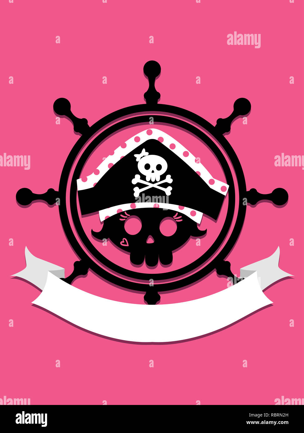 Abbildung: ein Schädel Kapitän weiblichen Piraten einen Hut tragen, in einem Schiff Rad mit leere Farbband Stockfoto