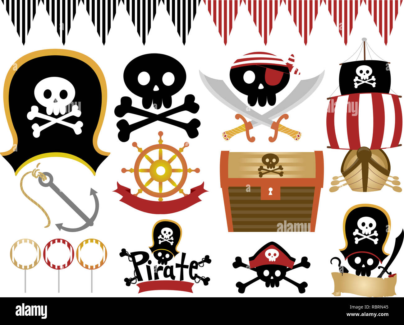 Abbildung der männlichen Piraten Geburtstag Theme Design Elemente aus Hut, Schädel, Wimpel Flagge, Schiff, Schatztruhe und Bänder Stockfoto