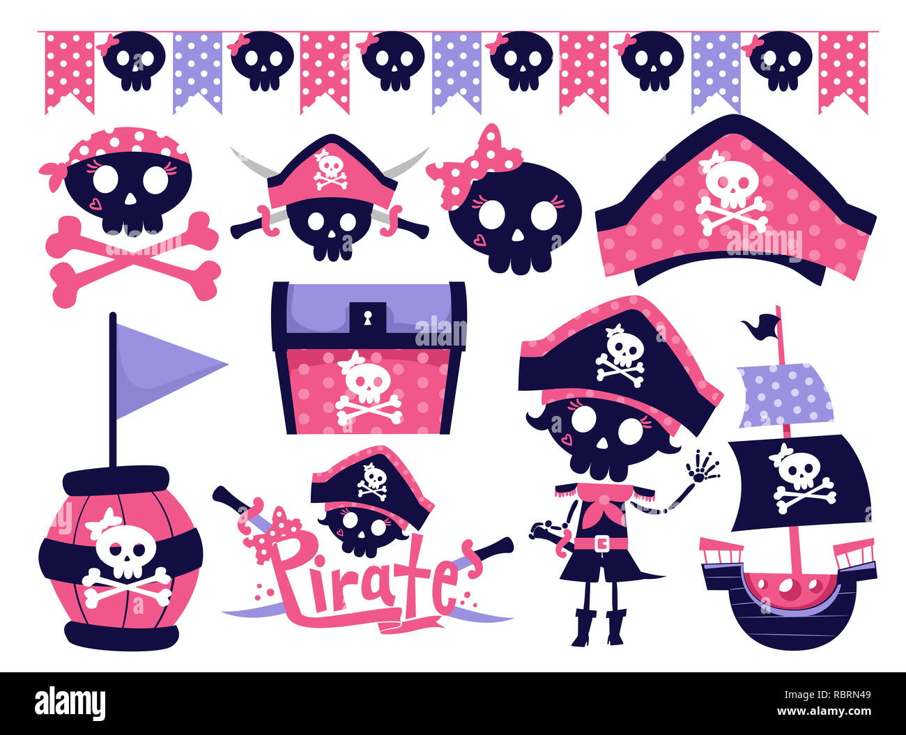 Abbildung eines weiblichen Piraten Rosa und Blau Geburtstagsparty Thema Elemente Stockfoto