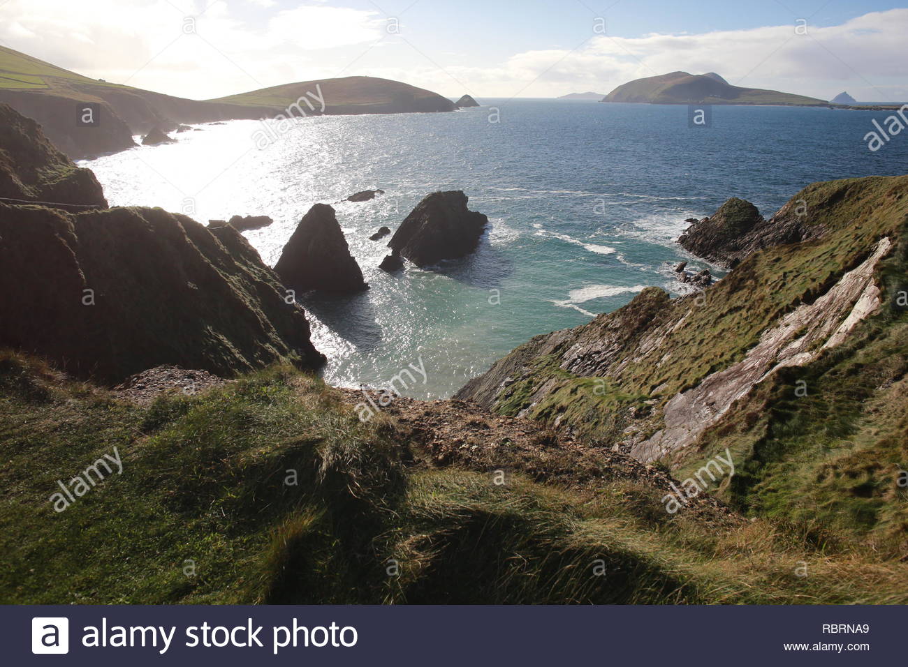 Ein Blick auf die Great Blasket Island vor der Küste von Dunquin in County Kerry, Irland Stockfoto