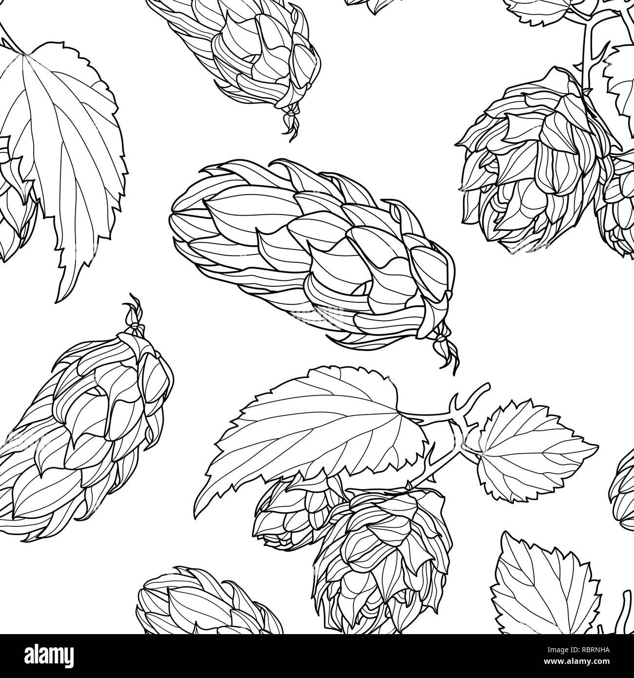 Hand Hopfen nahtlose Muster gezeichnet. Gemeinsame hop oder Humulus lupulus Ast mit Blätter und Kegel. Vector Illustration. Stock Vektor