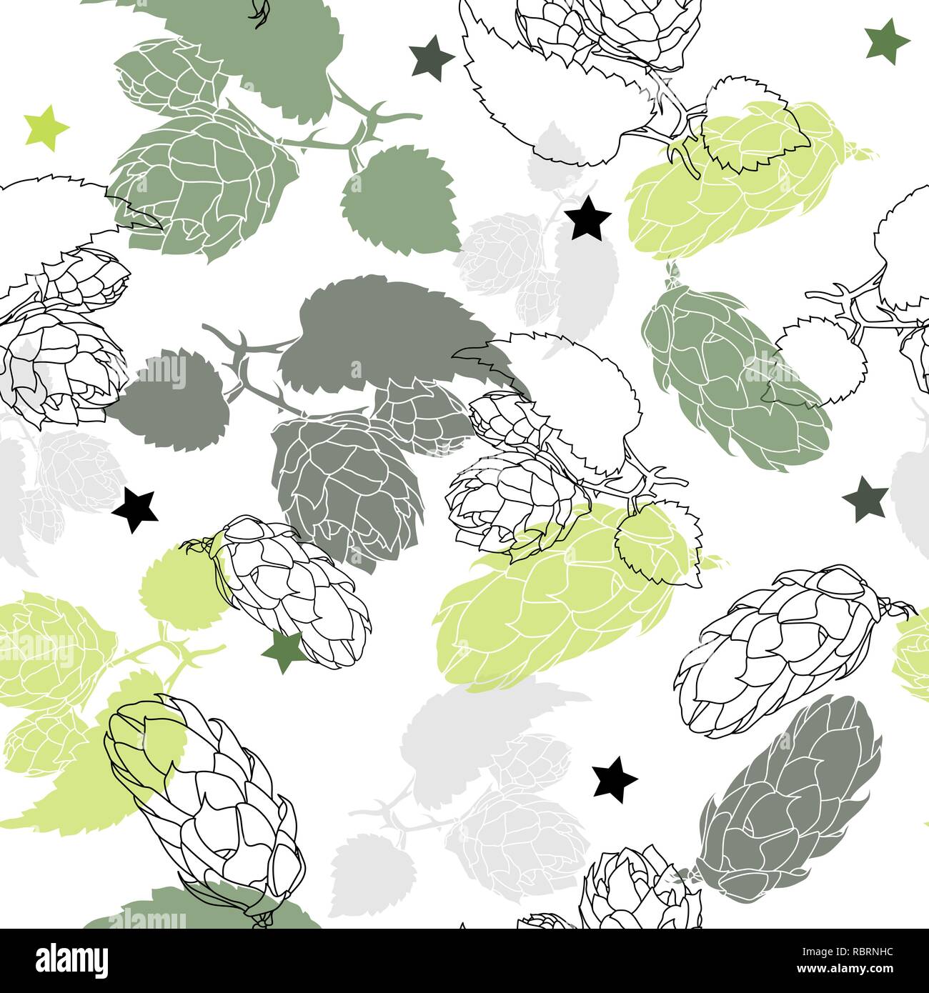 Hand Hopfen nahtlose Muster gezeichnet. Gemeinsame hop oder Humulus lupulus Ast mit Blätter und Kegel. Vector Illustration. Stock Vektor
