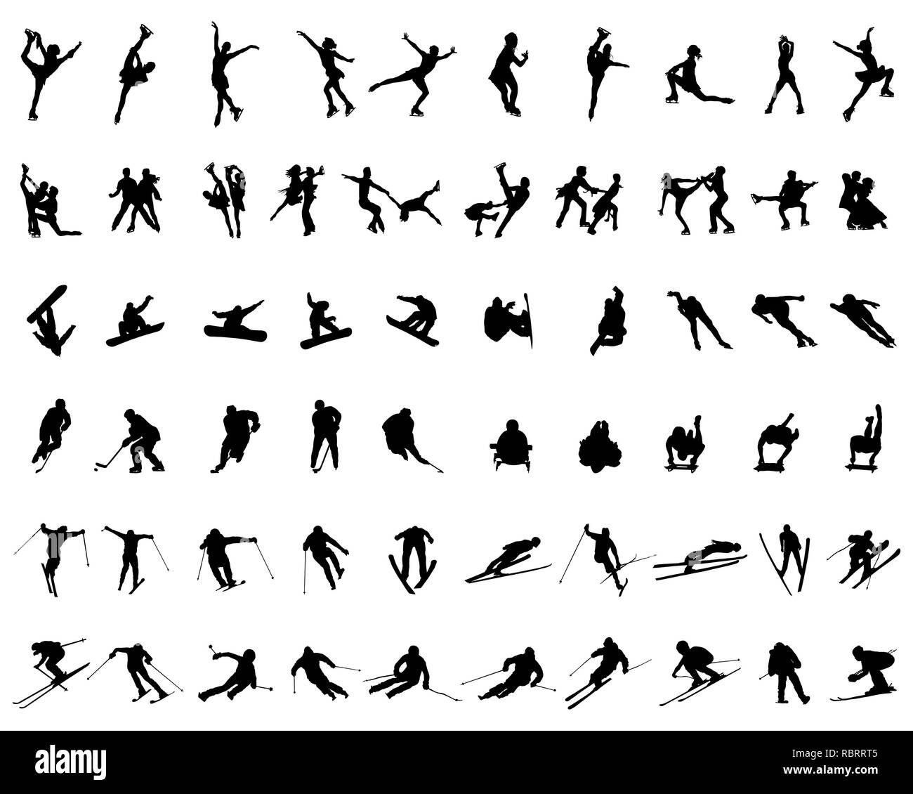 Satz von Silhouetten der Wintersport auf weißem Hintergrund Stockfoto