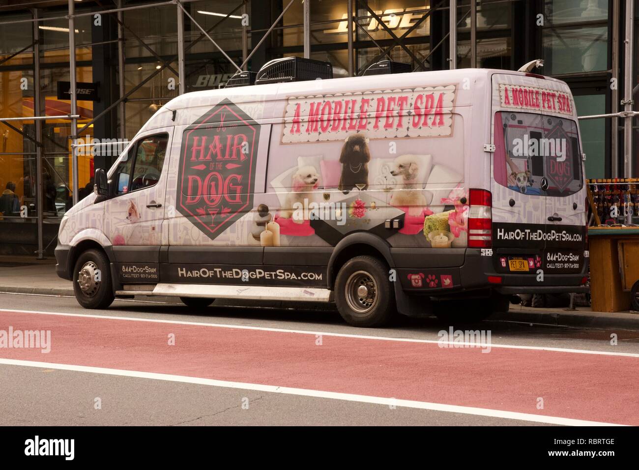 Eine mobile Pet Spa van bietet Hundefriseur in New York City, USA Stockfoto