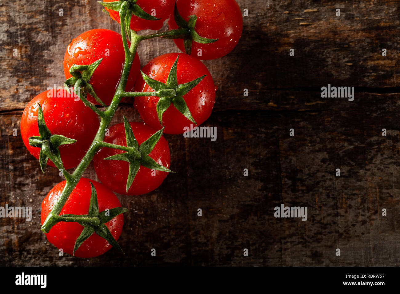 Frische Reihe Cherry Tomaten mit Wassertropfen - Ansicht von oben Stockfoto
