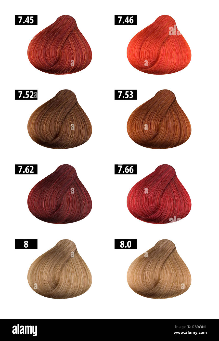 Haarfarbe und Haarfärbemittel, Farben, Farbe, Nummern 8. Stockfoto