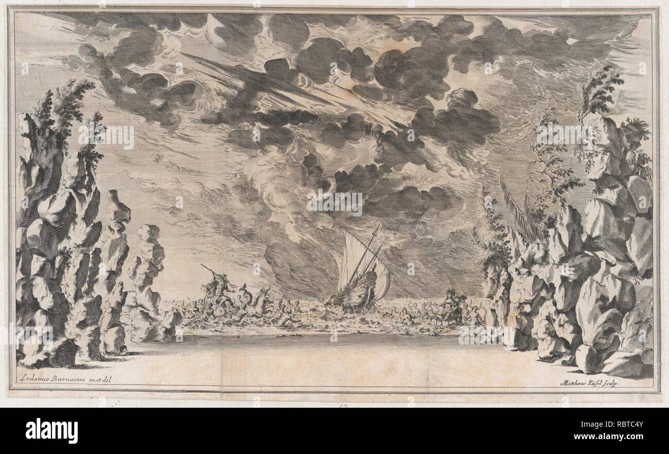 Ein Ufer von Felsen eingerahmt, mit Neptun in seinem Wagen auf der linken Seite und Salacia in ihrs auf der rechten Seite, in der Mitte, ein Schiff in einem Sturm gefangen; Entwurf von 'Il Pomo D'Oro Stockfoto