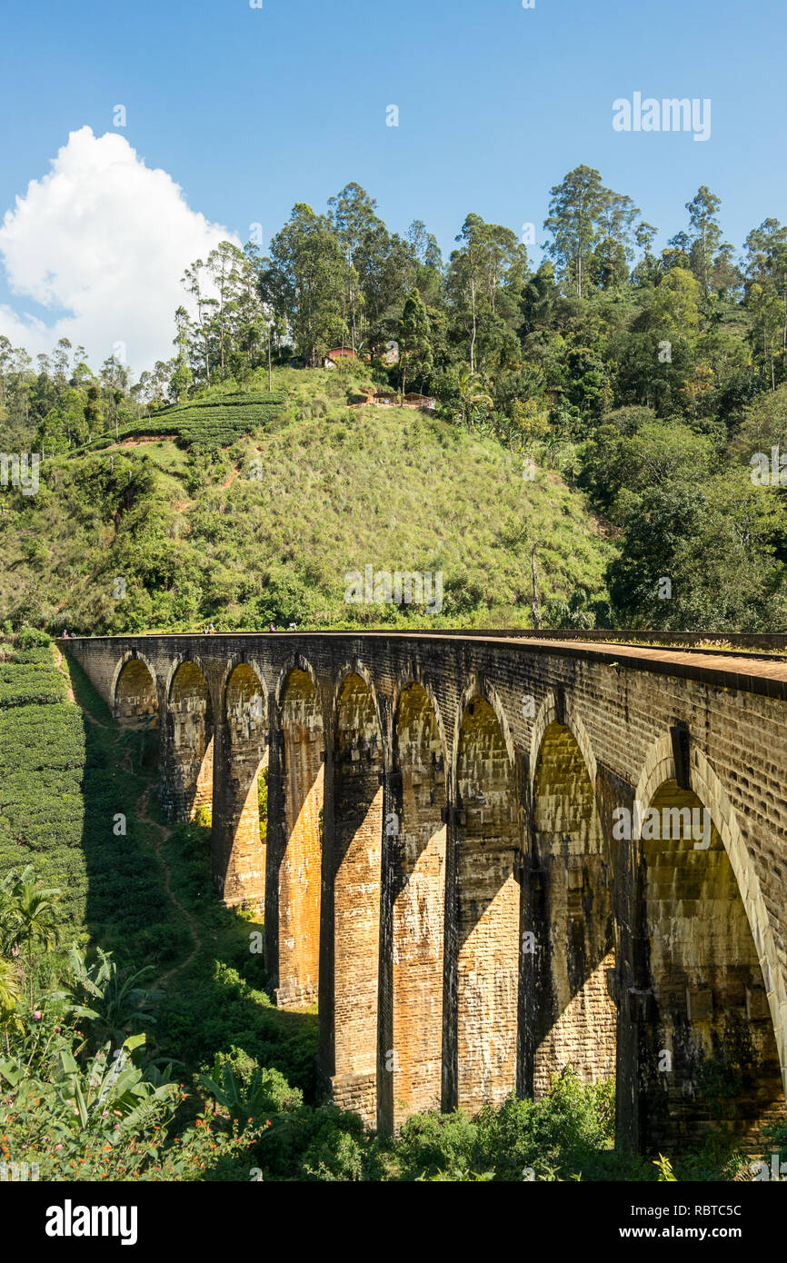 Die berühmten Geschwungenen 9 Bögen Eisenbahnbrücke mit leeren Tracks auf die Ella nach Kandy, Sri Lanka. Stockfoto