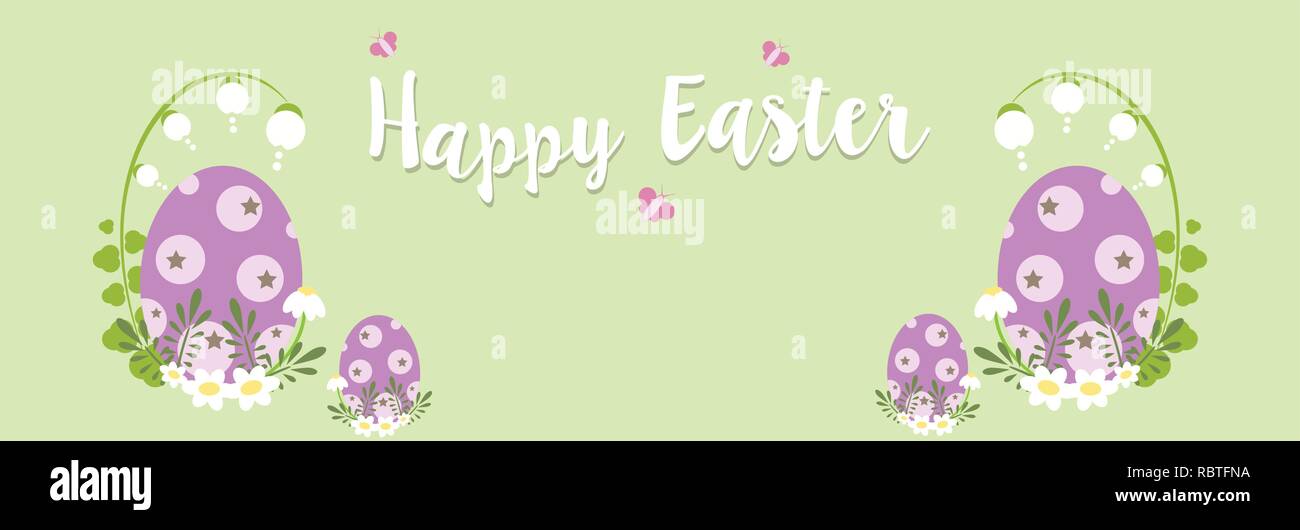 Frohe Ostern Banner mit Eiern und Blumen auf grünem Hintergrund-Vector Illustration Stock Vektor