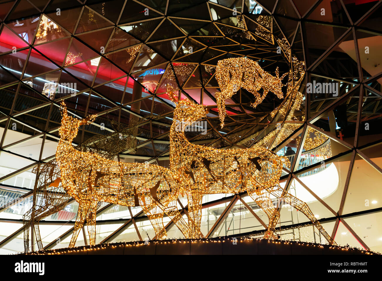 Frankfurt am Main, Deutschland - Januar 07, 2019: Weihnachten dekoriert vor der Ladengalerie MyZeil in der Nacht. Das Gebäude wurde von Römischen ar konzipiert Stockfoto