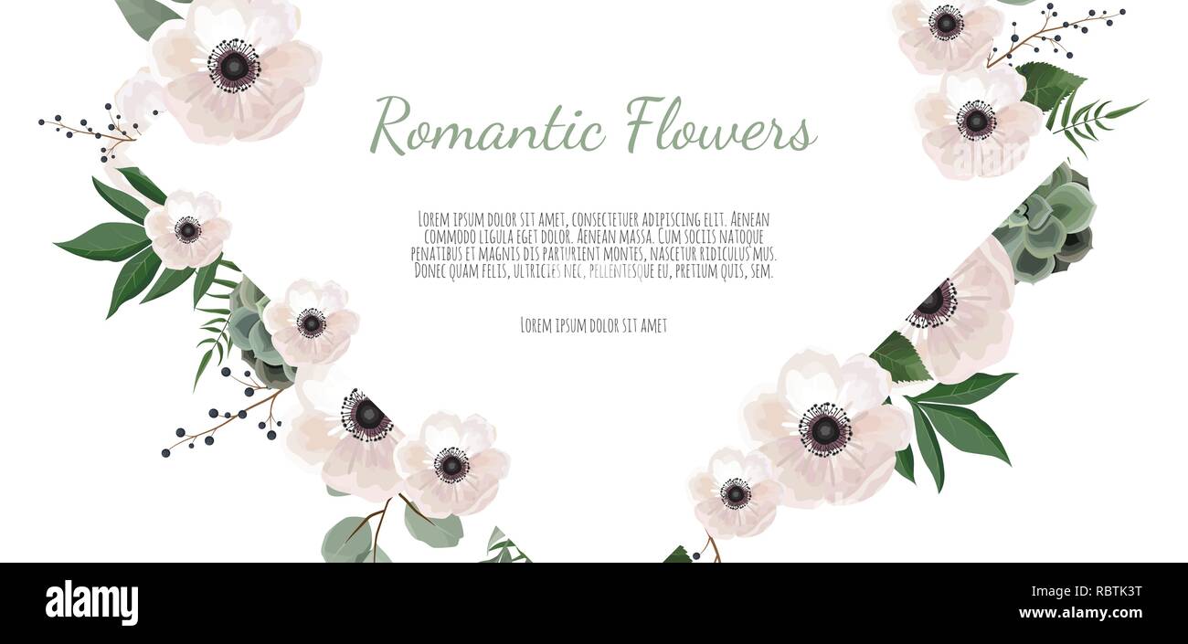 Rahmenlinie Hintergrund. Blumen Hochzeit Karte mit Rose, Anemone und Eukalyptus. Stock Vektor