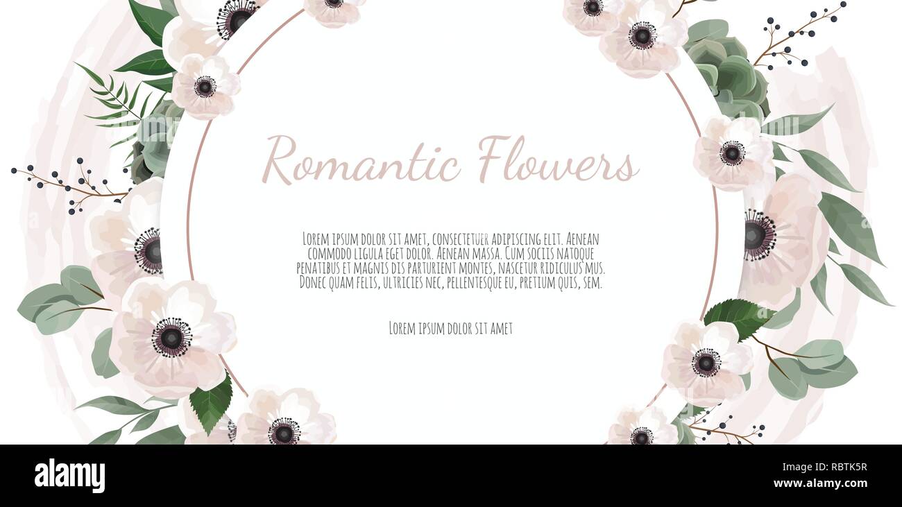 Rahmenlinie Hintergrund. Blumen Hochzeit Karte mit Rose, Anemone und Eukalyptus. Stock Vektor