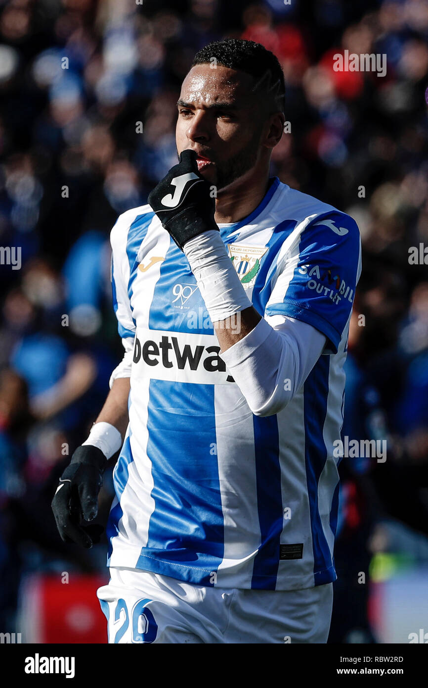 Leganes, Spanien. 12. Dezember, 2019. Das Estadio Municipal de Butarque, Leganes, Spanien. 12 Jan, 2019. Liga Fußball, Leganes versus Huesca; Youssef En-Nesyri (Leganes FC) feiert sein Ziel, die es (1, 0) Credit: Aktion plus Sport/Alamy leben Nachrichten Stockfoto