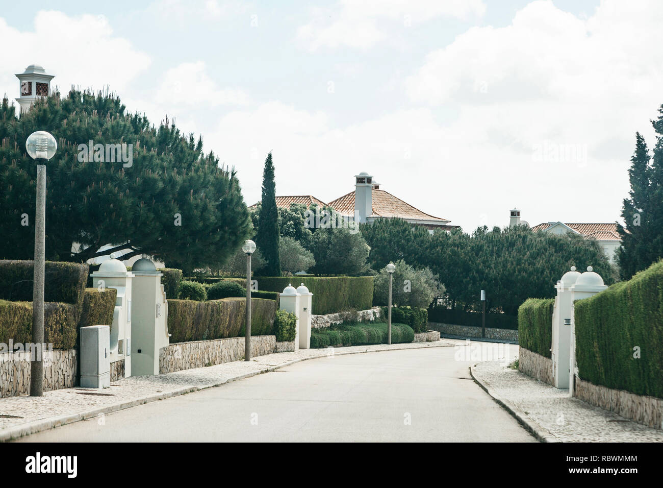 Blick auf eine asphaltierte Straße entlang einer traditionellen Straße voller Pflanzen und Häuser im südlichen Portugal. Wohngebiet in den Vorstädten. Stockfoto