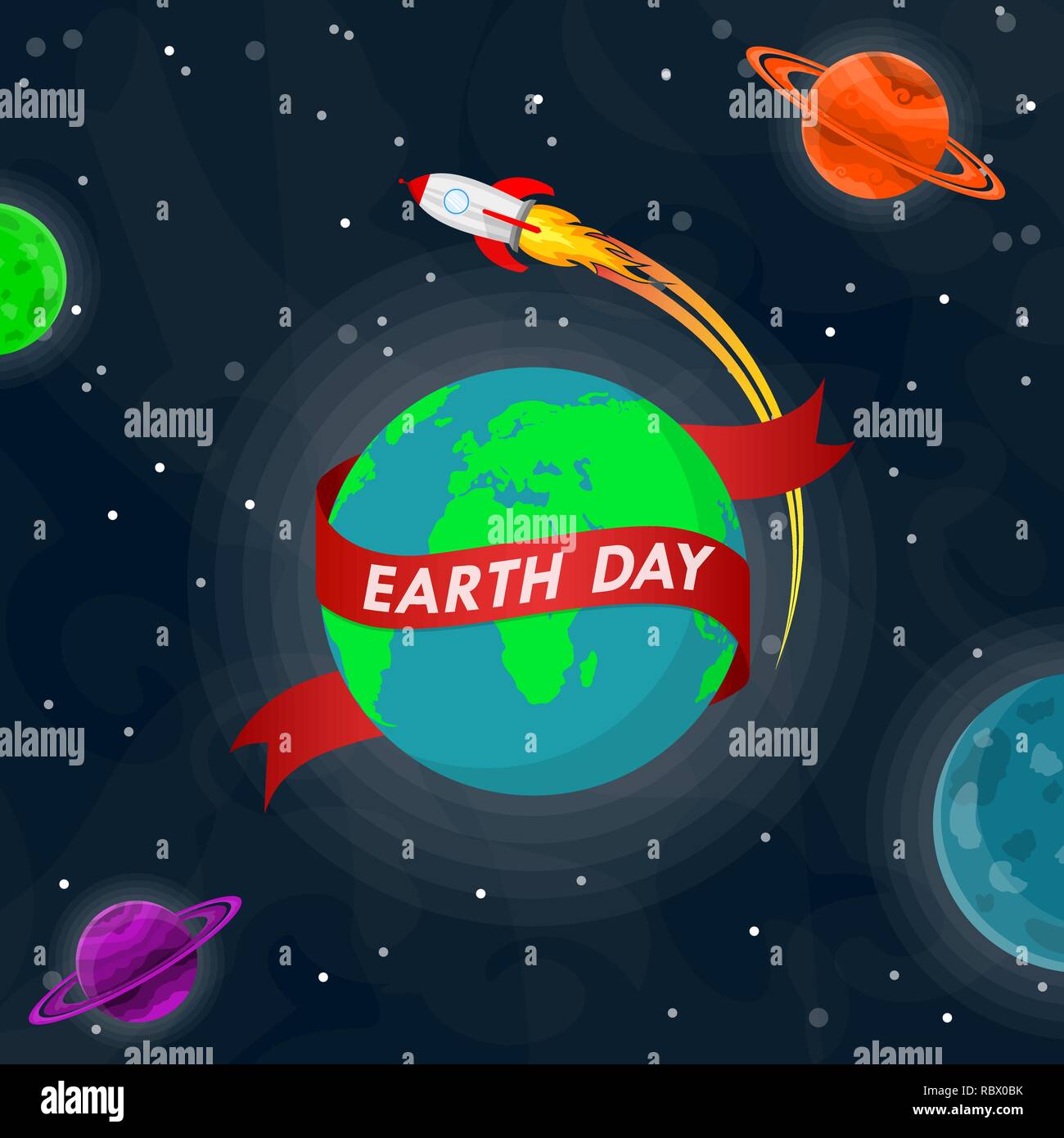 World Earth Day Poster mit Globus und Rakete im Weltraum in flacher Ausführung. Vector Illustration. Globus mit roter Schleife, Ökologie Konzept Stock Vektor