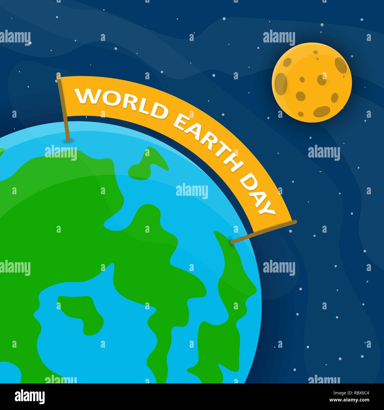 World Earth Day Poster mit Globus und Farbband im Weltraum. Vector Illustration. Globus mit festlichen Ribbon und Mond, Ökologie Konzept Stock Vektor