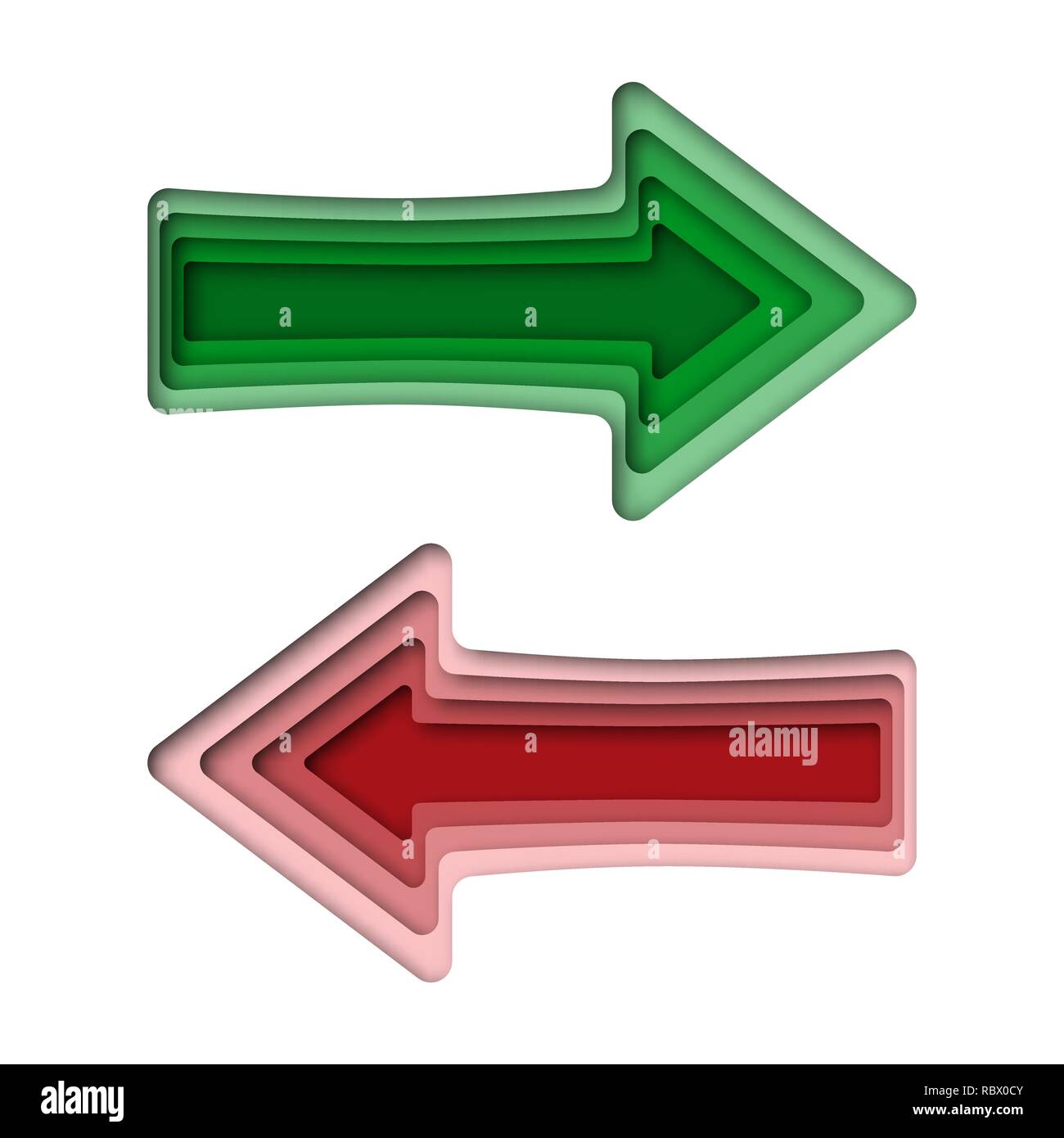 Pfeile in Papier schneiden Stil. Vector Illustration. Grüner Pfeil rechts und links roter Pfeil, isoliert Stock Vektor