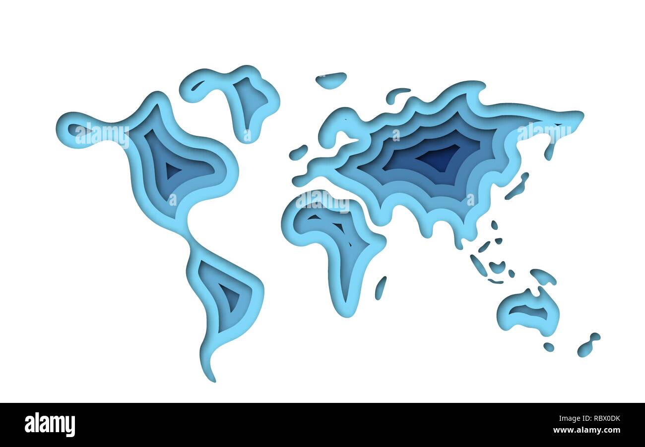 Weltkarte Form in modernen 3d-Papier geschnitten Art Stil. Vector Illustration. Bunte layered papercraft cut Design. Stock Vektor