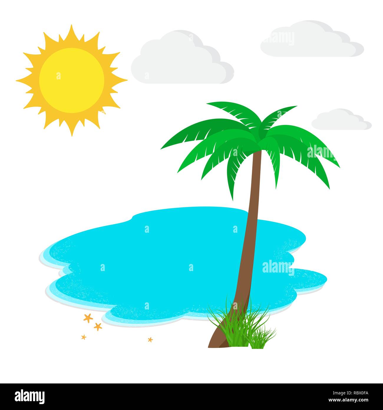 Meer und Strand mit Palmen in flacher Ausführung. Vector Illustration. Reisen oder Urlaub Konzept Stock Vektor