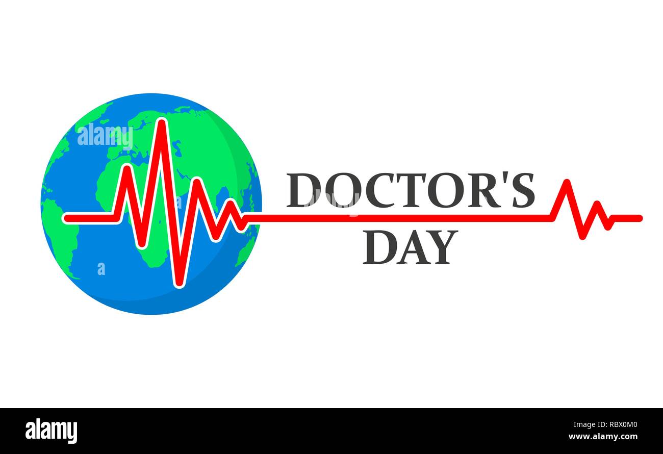 Ärzte tag Logo mit Zeichen der Herzschlag, und Globus. Vector Illustration. Medizinische cute Hintergrund für Ärzte Tag. Tag Gesundheit Stock Vektor