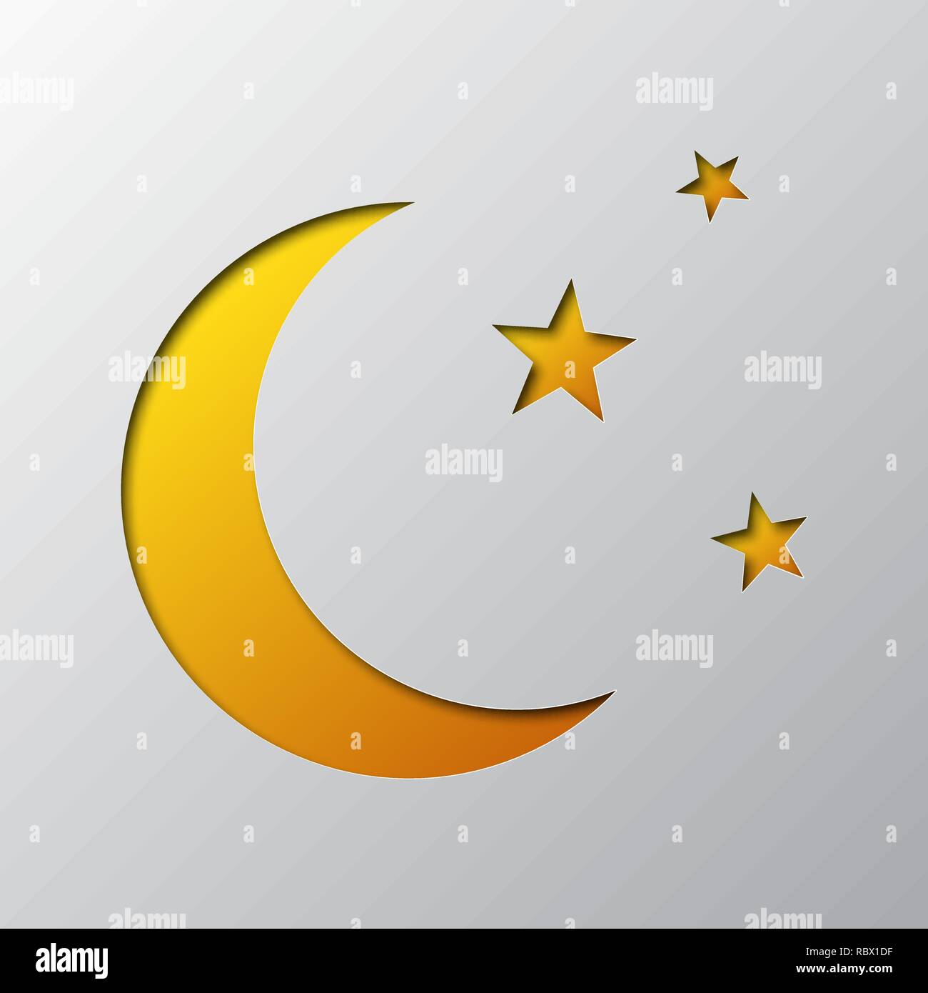 Der Mond und die Sterne aus Papier geschnitzt. Vector Illustration. Paper Art des gelben Mond und Sterne, isoliert. Stock Vektor