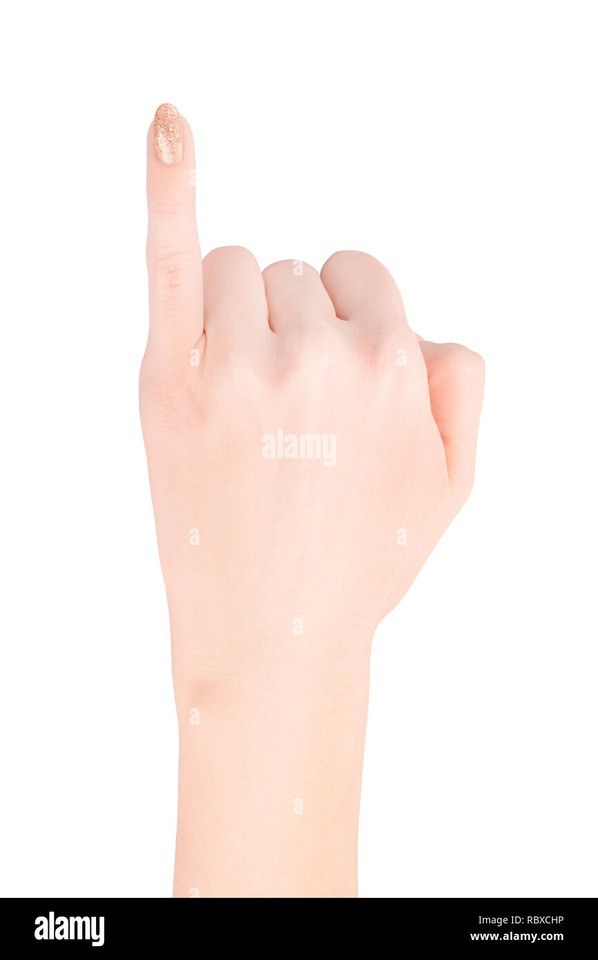 Frau Hand zeigen wenig Finger mit golden glitzerte Nagellack. Auf weißen, Beschneidungspfade getrennt ausgewiesen Stockfoto