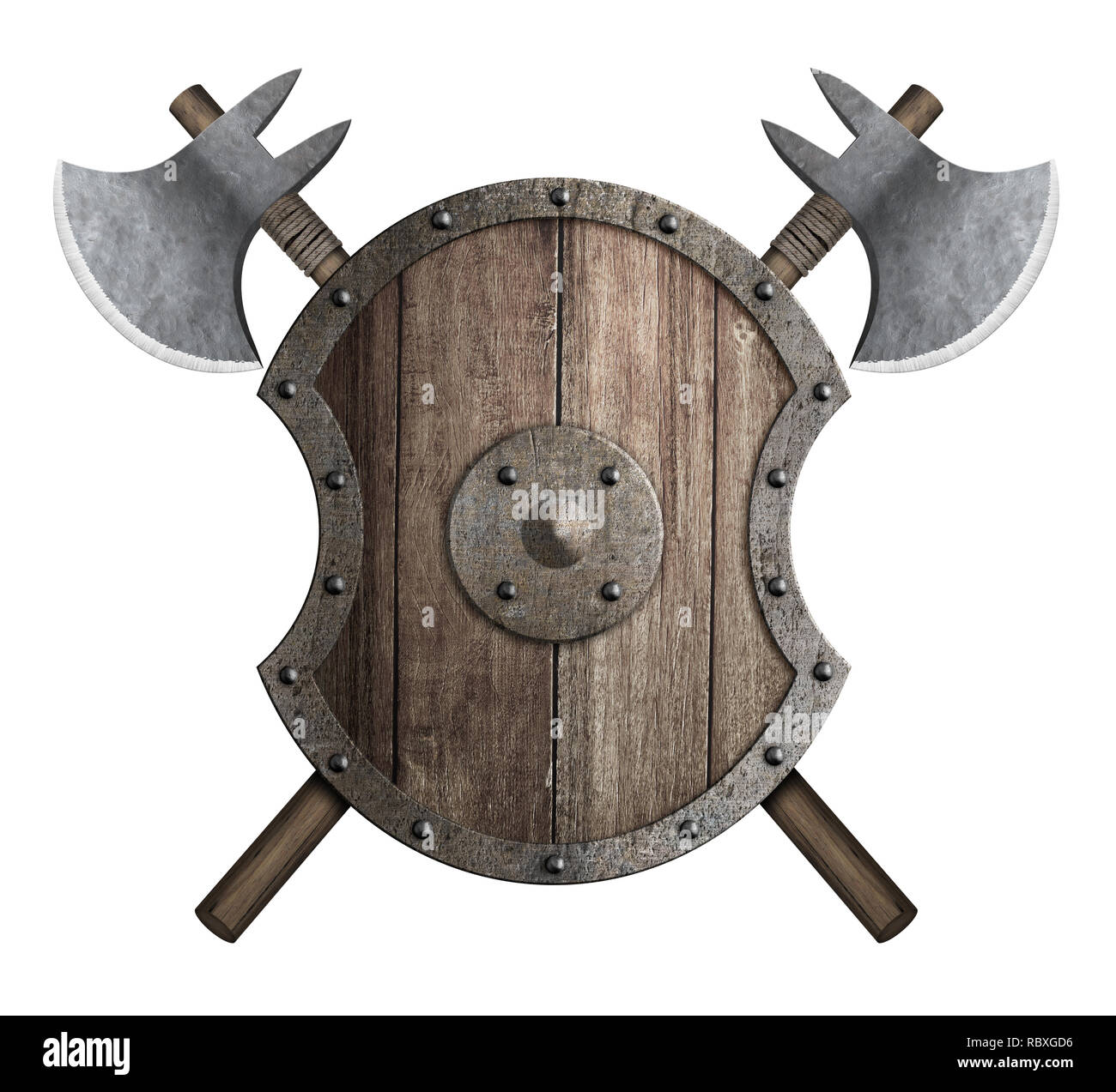 Holz- mittelalterliche Schild mit gekreuzten Schlacht Achsen 3D-Darstellung Stockfoto