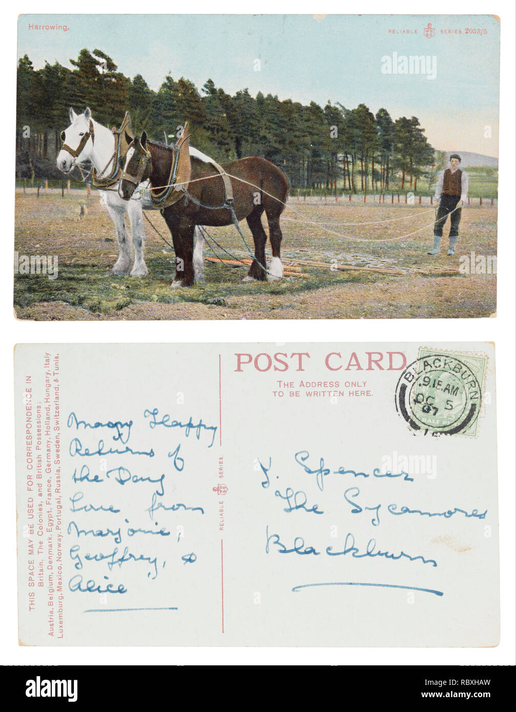 Postkarte von Landarbeiter Eggen von Blackburn bis J Spencer gesendet, die Platanen, die viele glückliche Rückkehr des Tages Stockfoto