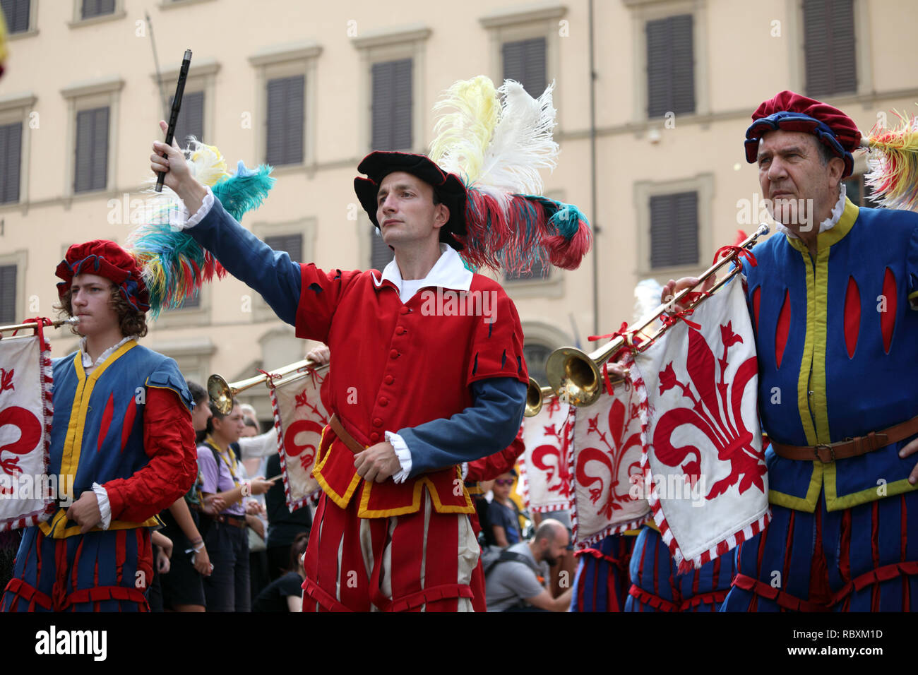 Florenz, Italien - 10 August, 2018: historische Parade während Fest von San Lorenzo. Diese jährliche Veranstaltung tief in der Tradition der Stadt verwurzelt, und beenden Stockfoto
