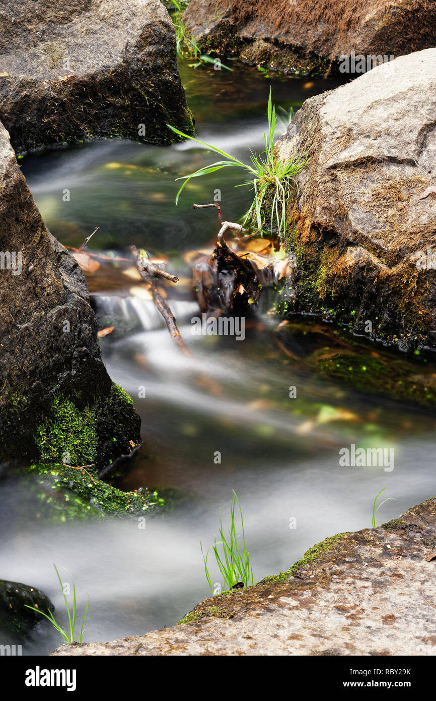 Detailansicht des fließenden Wasser eines kleinen Flusses, fließt das Wasser zwischen großen Steinen, teilweise mit Moos und Gras bewachsen, Langzeitbelichtung Stockfoto