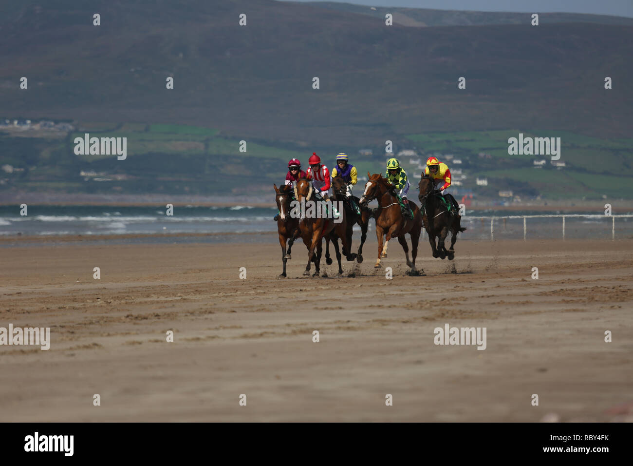 Pferderennen am Strand am wilden Atlantik, County Kerry, Irland Stockfoto