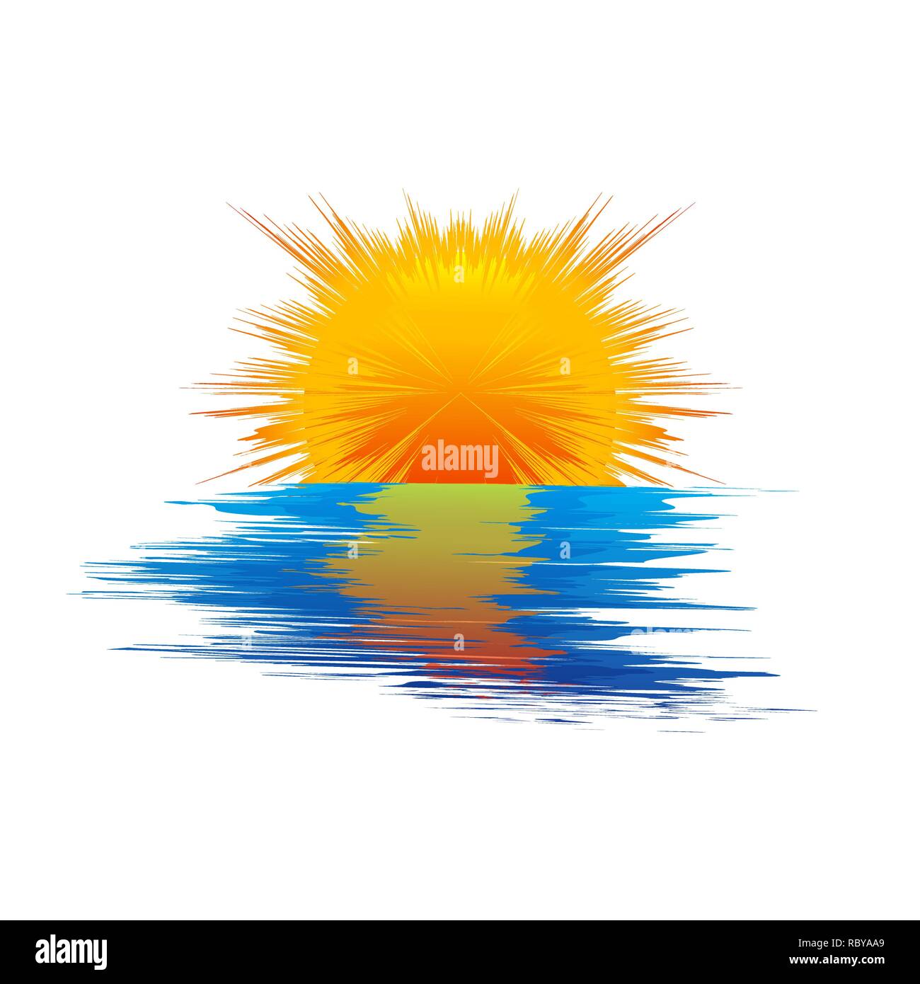 Abstrakte gelbe Sonne und blauen Wellen des Meeres. Vector Illustration. Reisen oder Urlaub Konzept Stock Vektor