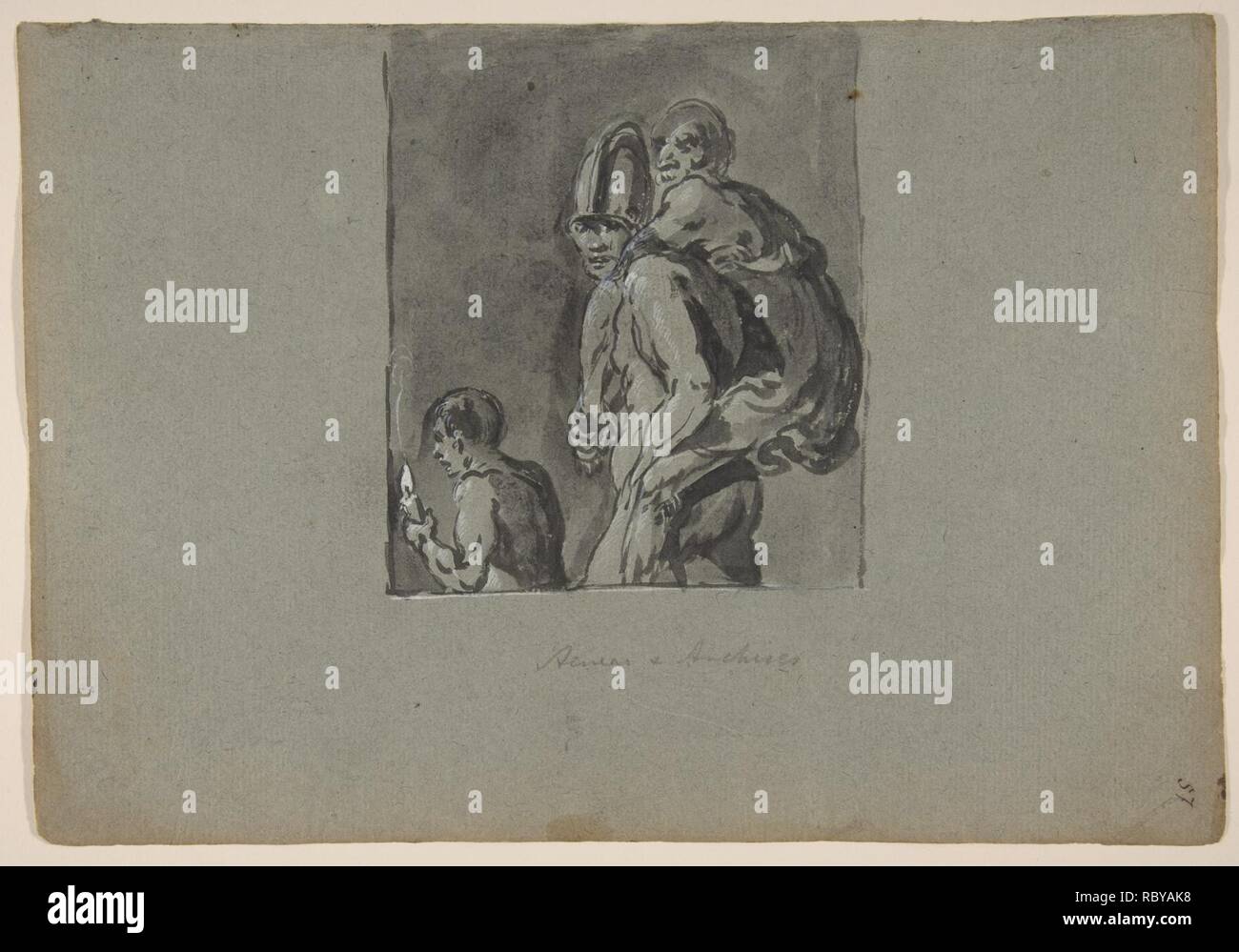 383266 Artist: leonaert Bramer, Niederländisch, Delft 1596?1674 Delft, Aeneas und Anchises, 1611?74, Bürste und graue Tinte, erhöhte mit weißer Körperfarbe. Framing in Pinsel in Grau Tinte mit weißer Körperfarbe, Blatt: 8 1/4 x11 13/16-in. (21 x 30 cm). Stockfoto