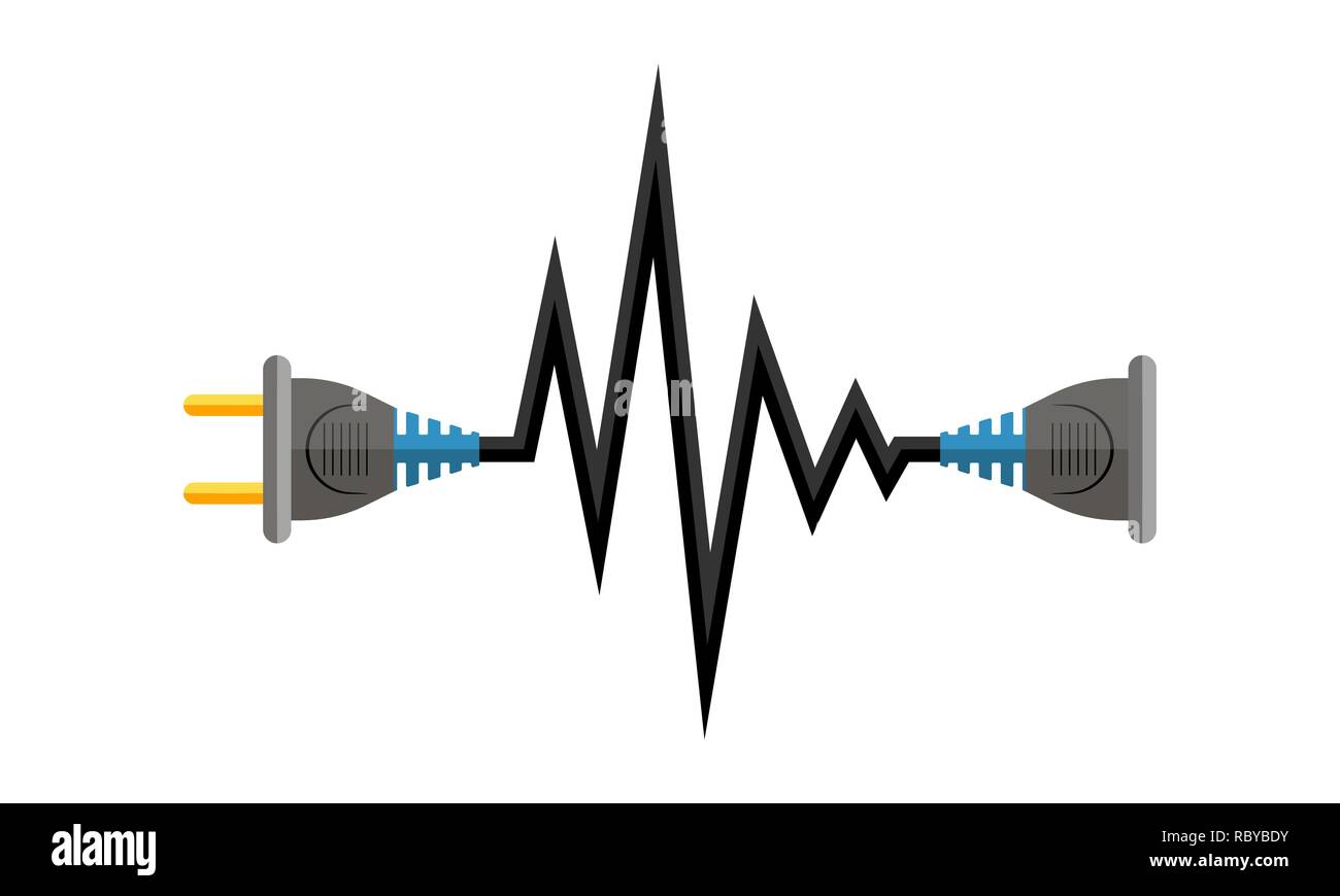Kabel Stecker und Buchse Symbol. Vector Illustration. Stecker, Buchse und Kabel in der Form der Herzschlag. Stock Vektor