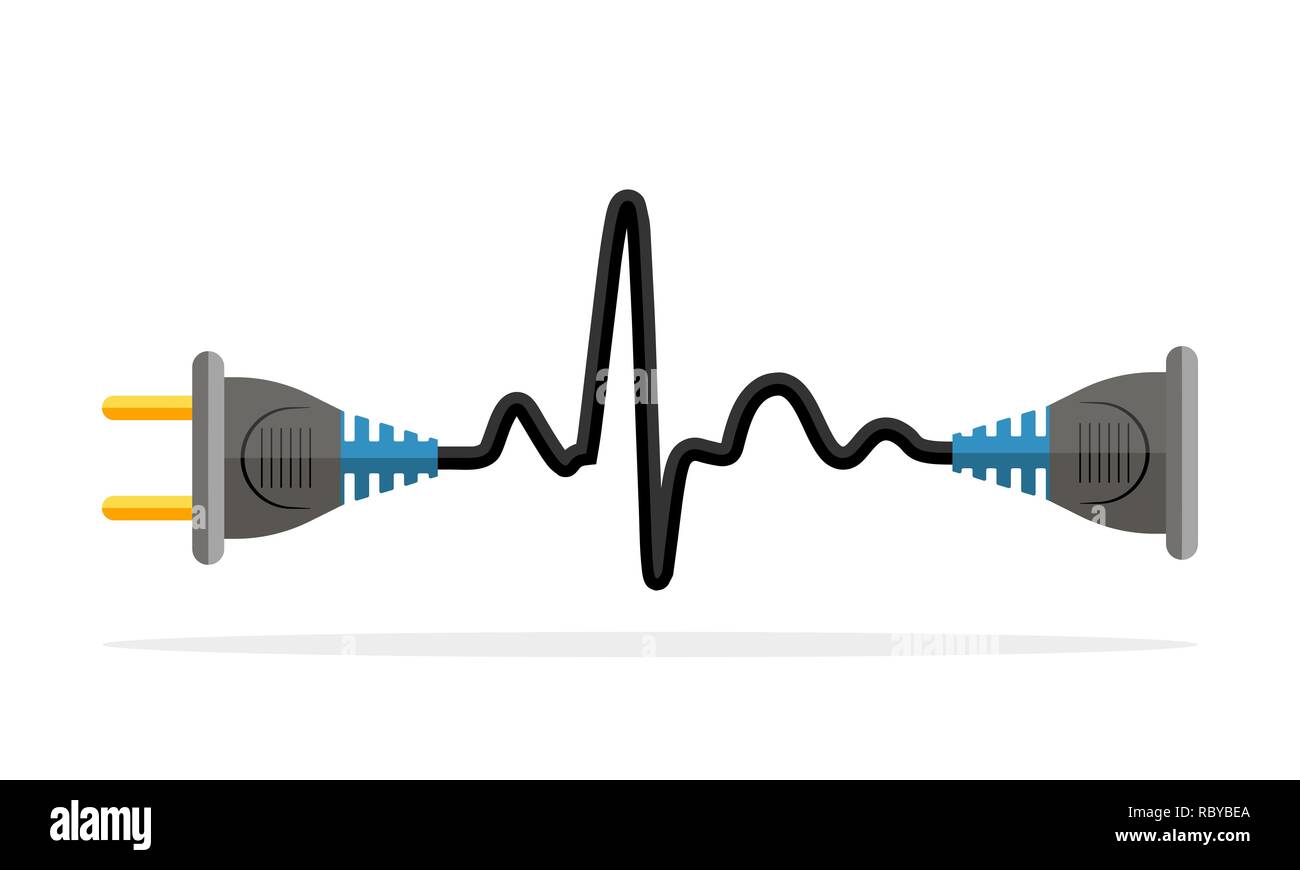 Kabel Stecker und Buchse Symbol. Vector Illustration. Stecker, Buchse und Kabel in der Form der Herzschlag. Stock Vektor