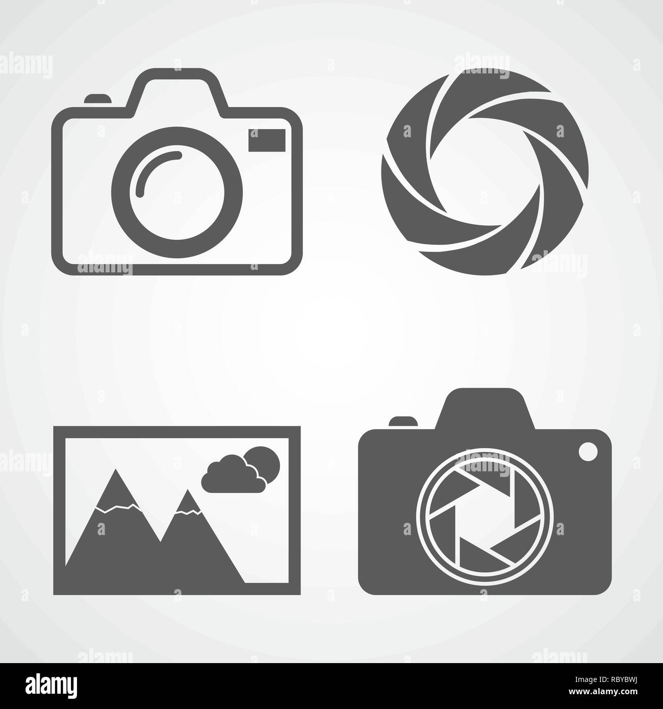 Kamerasymbole, Aperture Symbol, Symbol "Foto". Vector Illustration. Satz flacher Symbole isoliert Stock Vektor