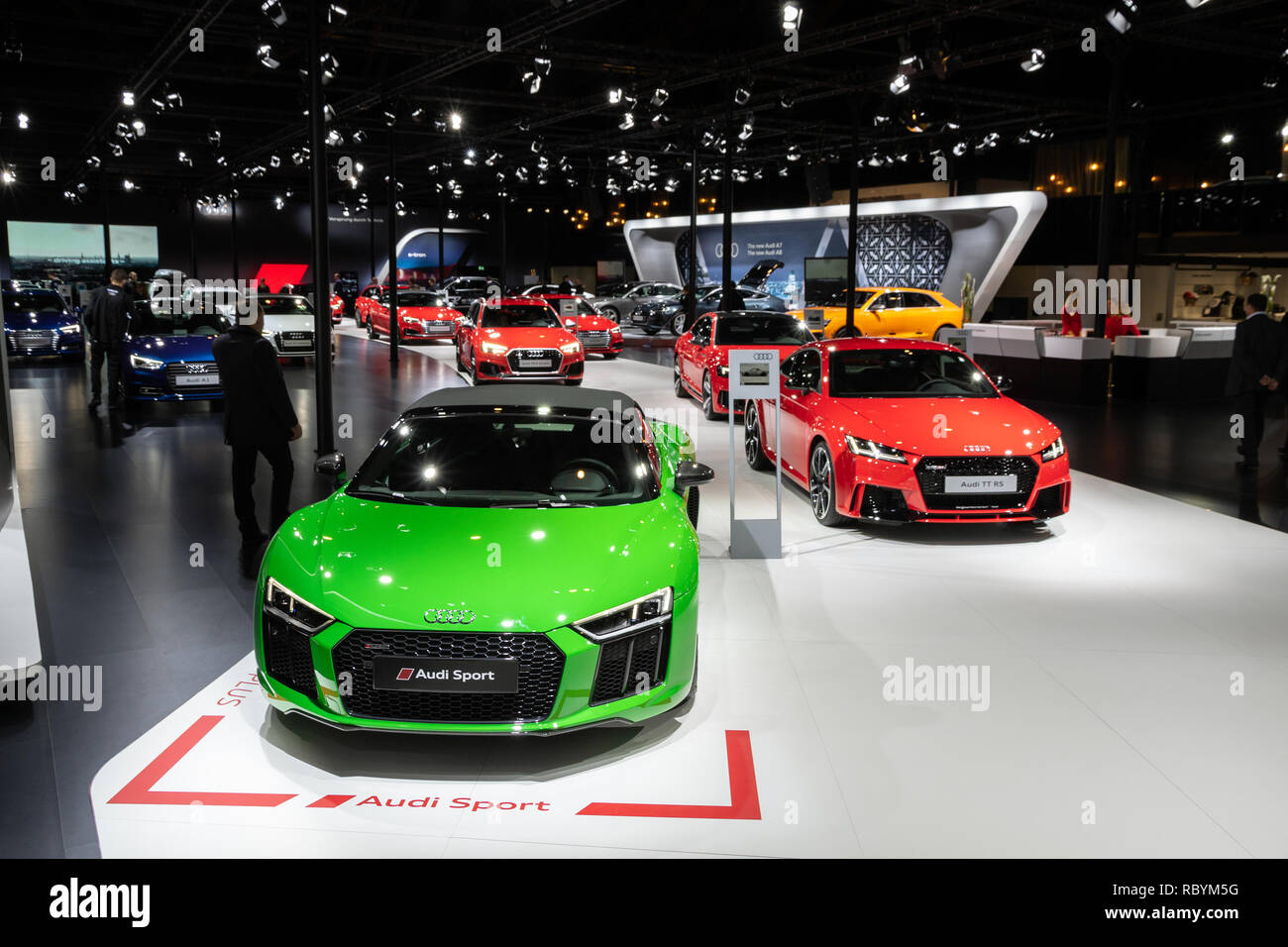 Brüssel - Jan 10, 2018: Audi Sportwagen R8 auf der Brüsseler Expo Autosalon Motor Show präsentiert. Stockfoto