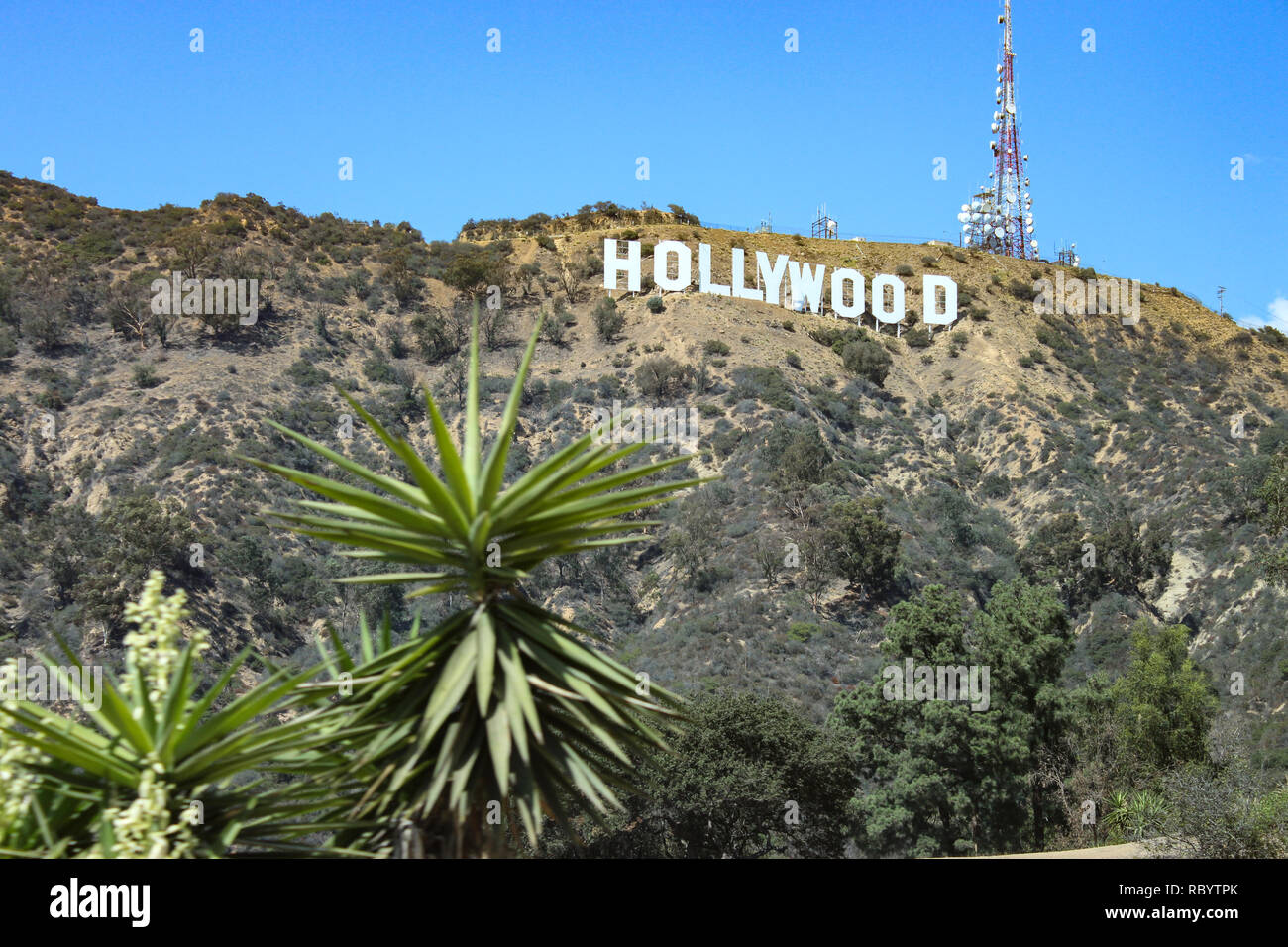 Der Hollywood Sign (ehemals Hollywoodland Zeichen) ist ein US-amerikanischer Sehenswürdigkeiten und kulturelle Ikone mit Blick auf Hollywood, Los Angeles, Kalifornien Stockfoto