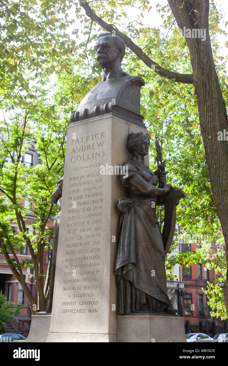 Denkmal für ehemalige Boston Bürgermeister Patrick Andrew Collins, von Henry Hudson Kitson und Theo Alice Ruggles Kitson geformt, auf der Commonwealth Avenue Mall Stockfoto