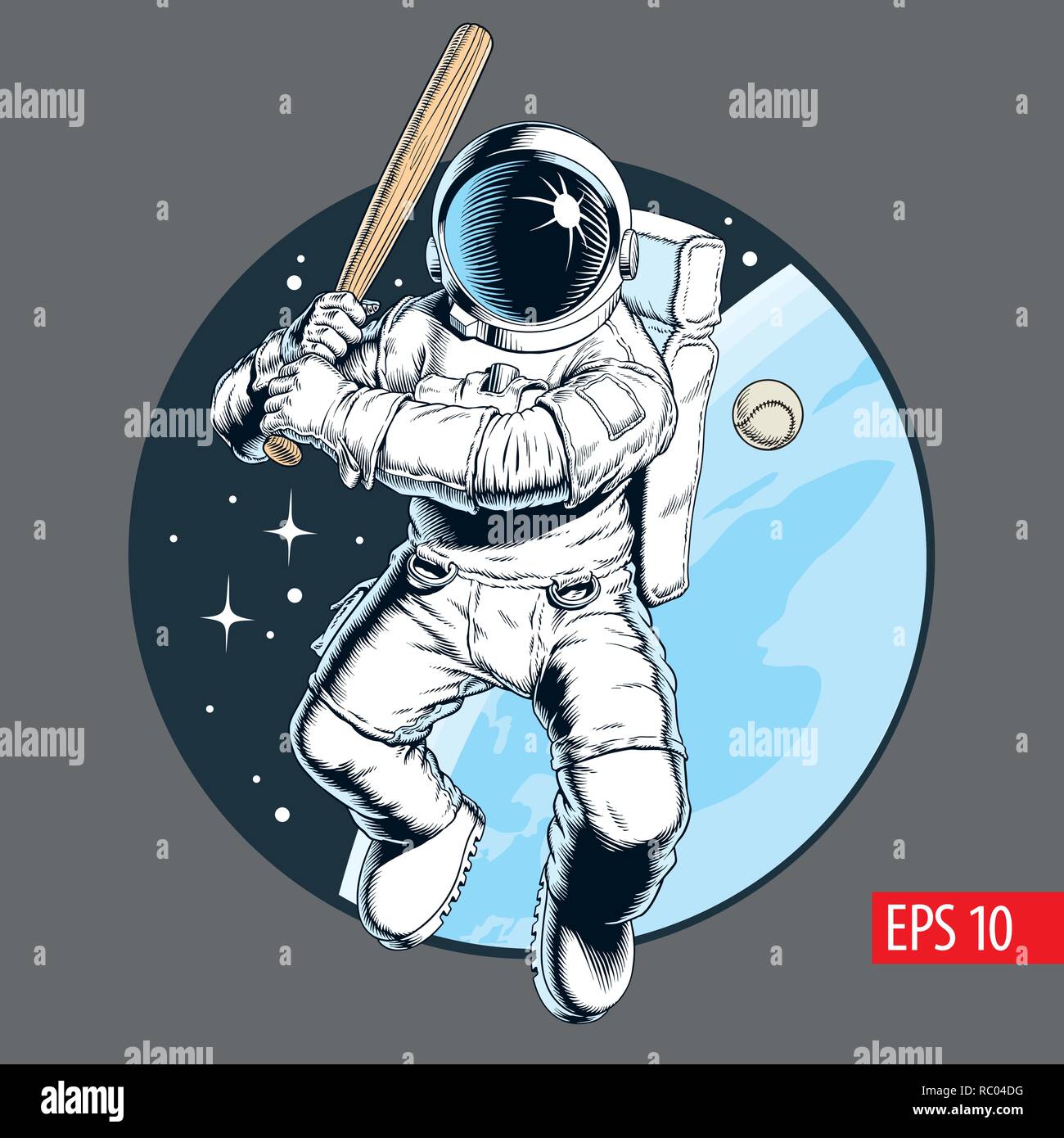 Astronaut spielen Baseball im Raum. Vector Illustration. Stock Vektor