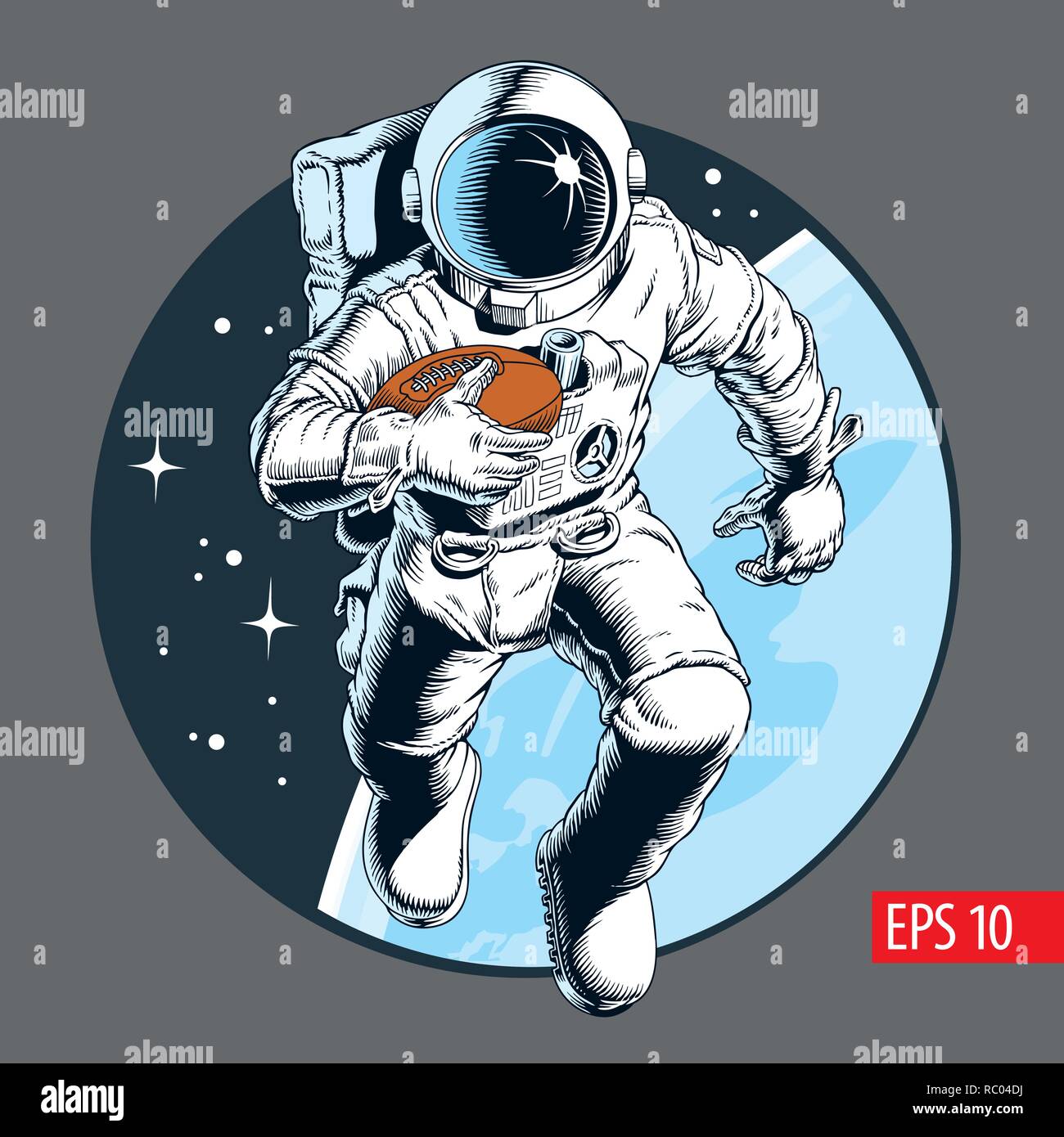 Astronaut Athleten spielen American Football im Raum. Vector Illustration. Stock Vektor